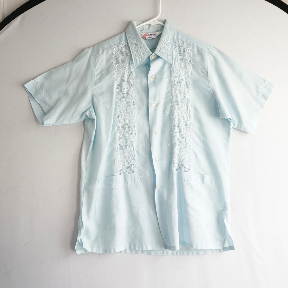 VTG Romani Light Blue Short Sleeve Button‎ Shirt White Floral Lace Embroidery M